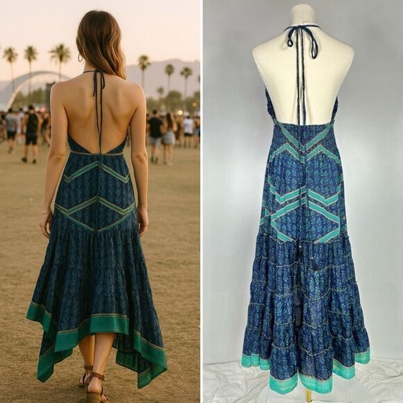 Y2K MT Collection Silk Blend Peacock Dress OS Boho Fairy Beachy Whimsygoth - Picture 2 of 12
